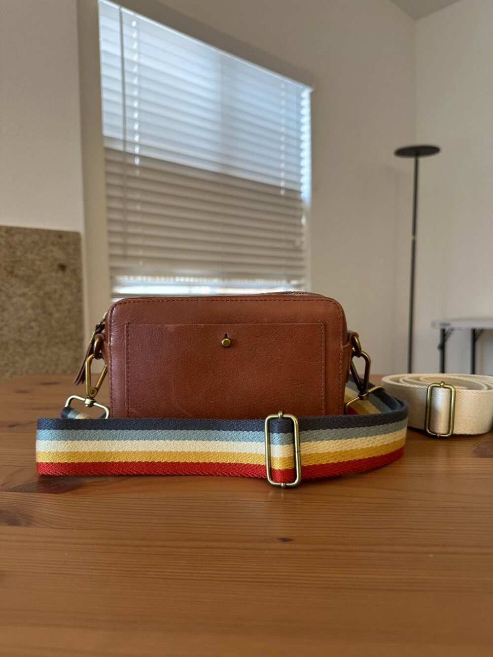 Madewell Brown Leather Crossbody Camera Bag w/ Leather, Rainbow and Cream Straps